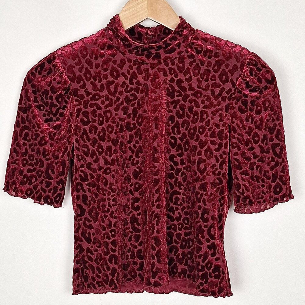 Sheer Velvet Burnout Top, Size L. Maroon Leopard Print Short Sleeve Ruffle Edge